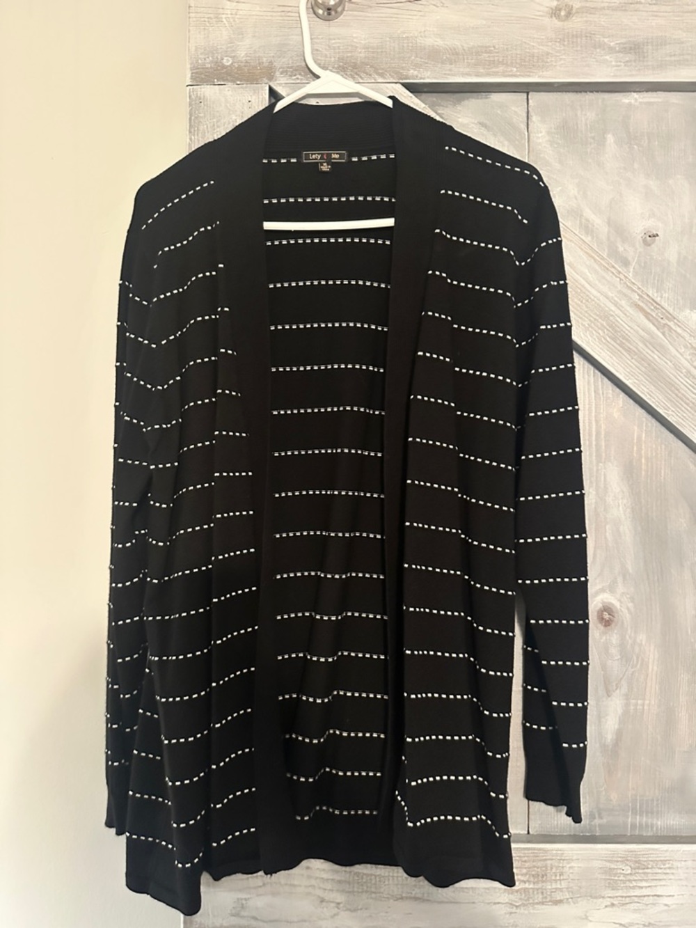 Black Open Front Cardigan with White Dot Stripes